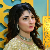 Woman in traditional attire with jewelry in a decorated indoor setting