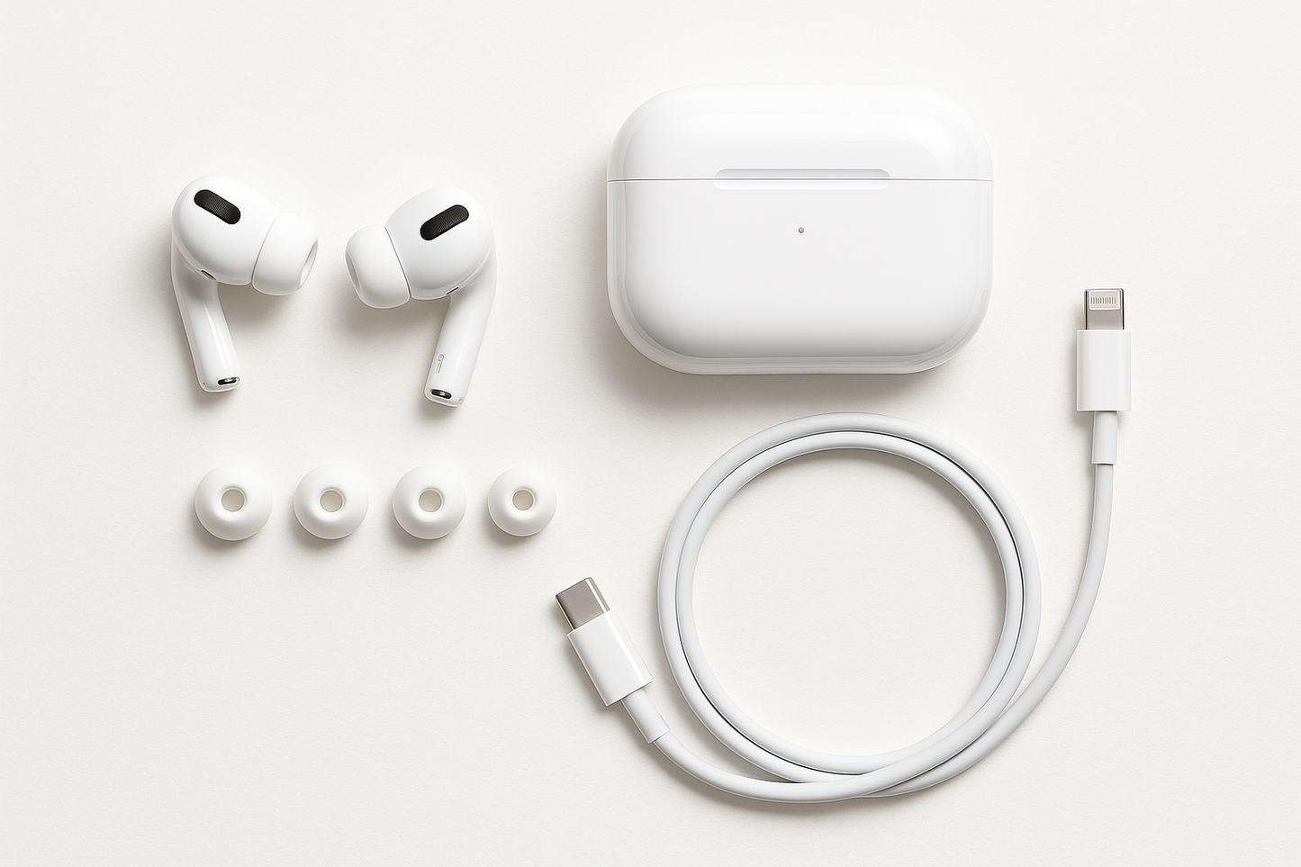 Apple AirPods Pro with charging case and accessories on a white background
