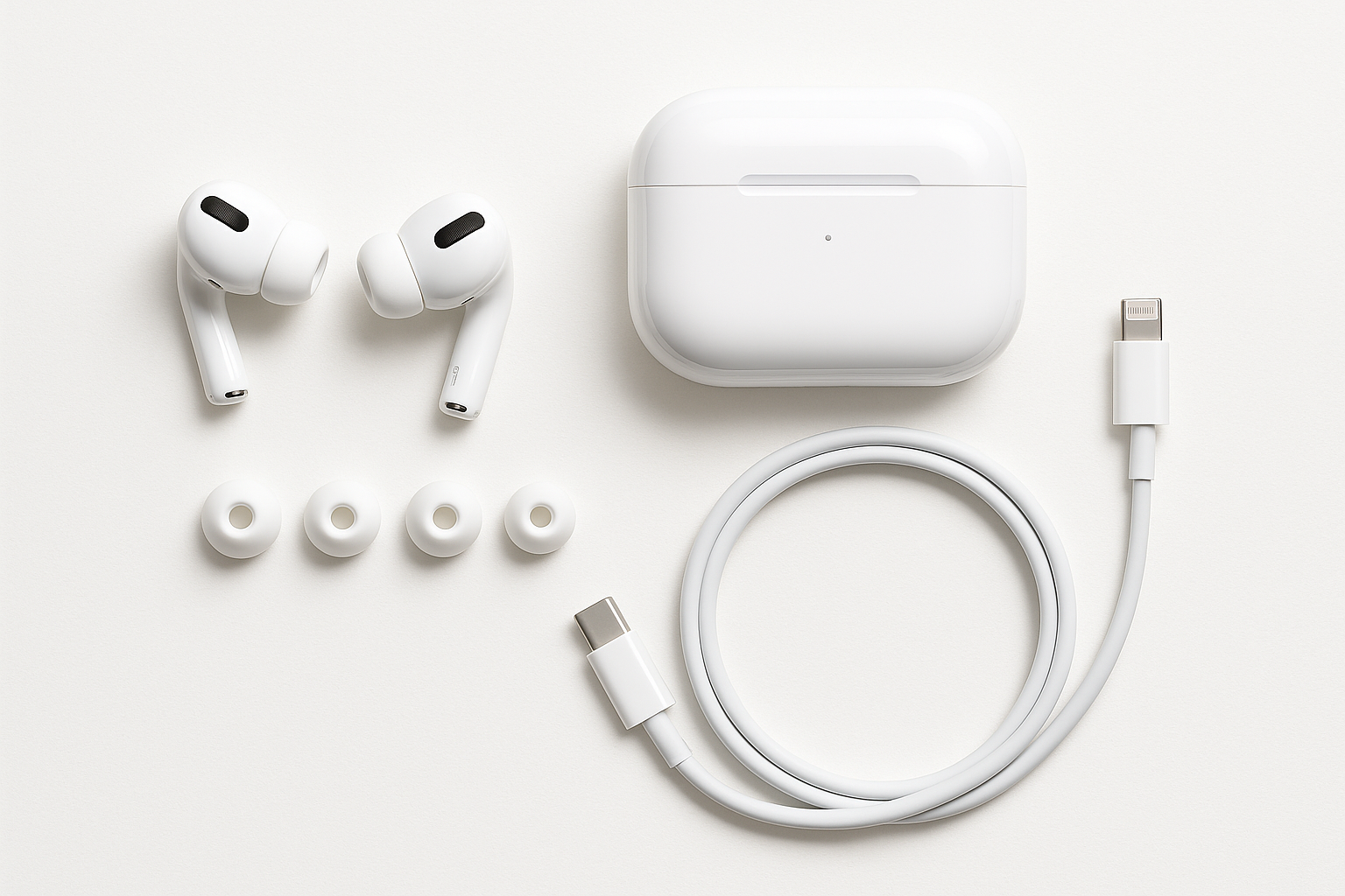 Apple AirPods Pro with charging case and accessories on a white background