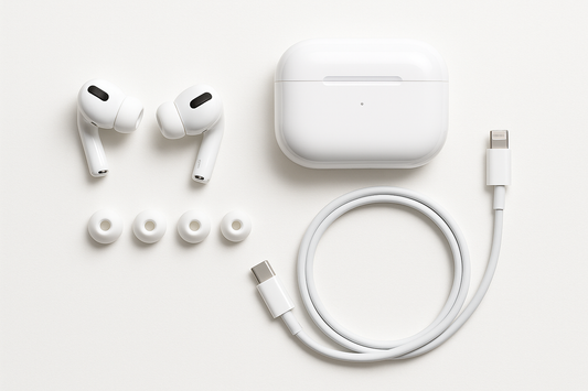 Apple AirPods Pro with charging case and accessories on a white background